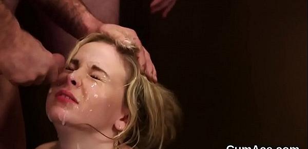  Naughty bombshell gets jizz shot on her face gulping all the load